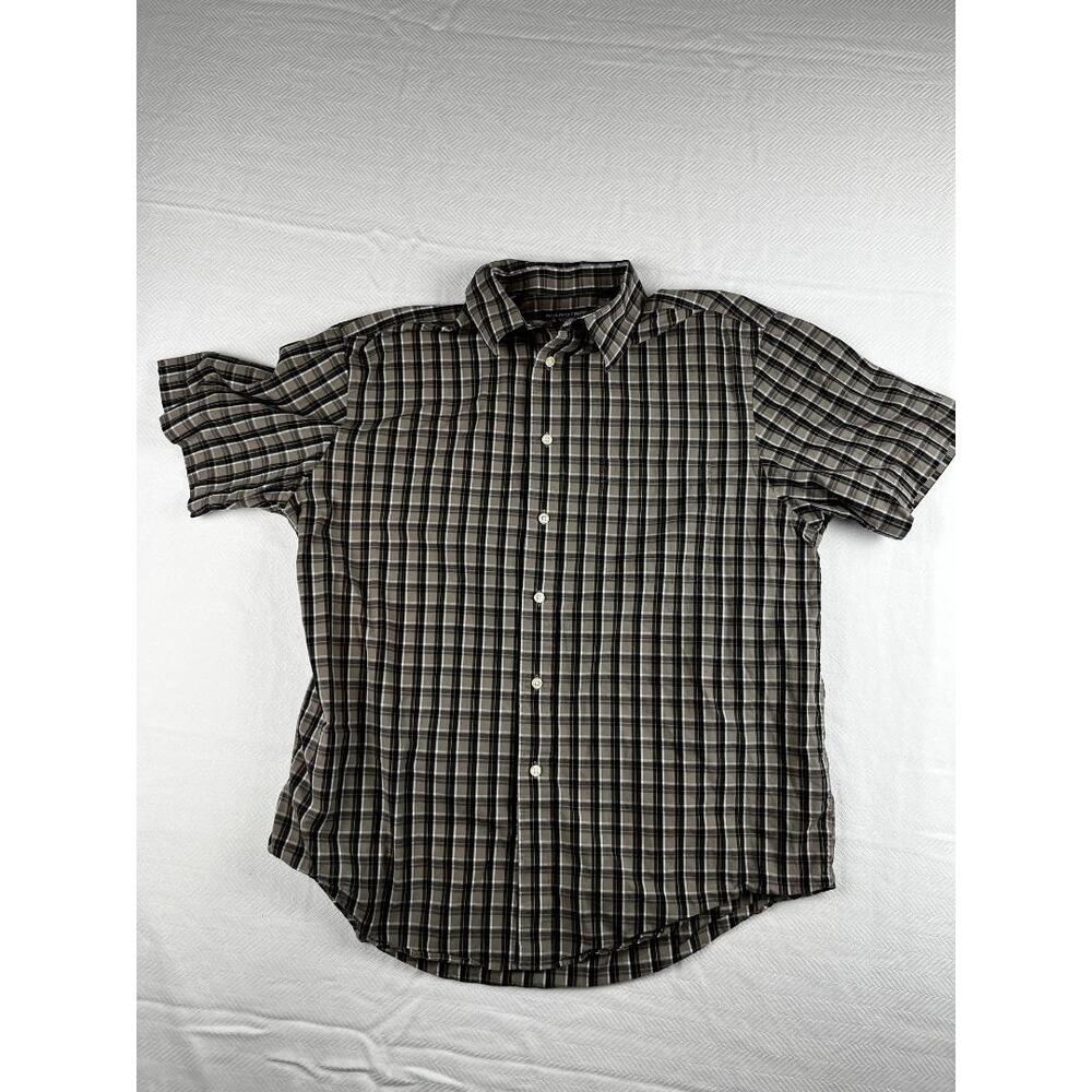 Roundtree & Yorke Dress Shirt Men's Large Plaid Brown Gray 100% Cotton